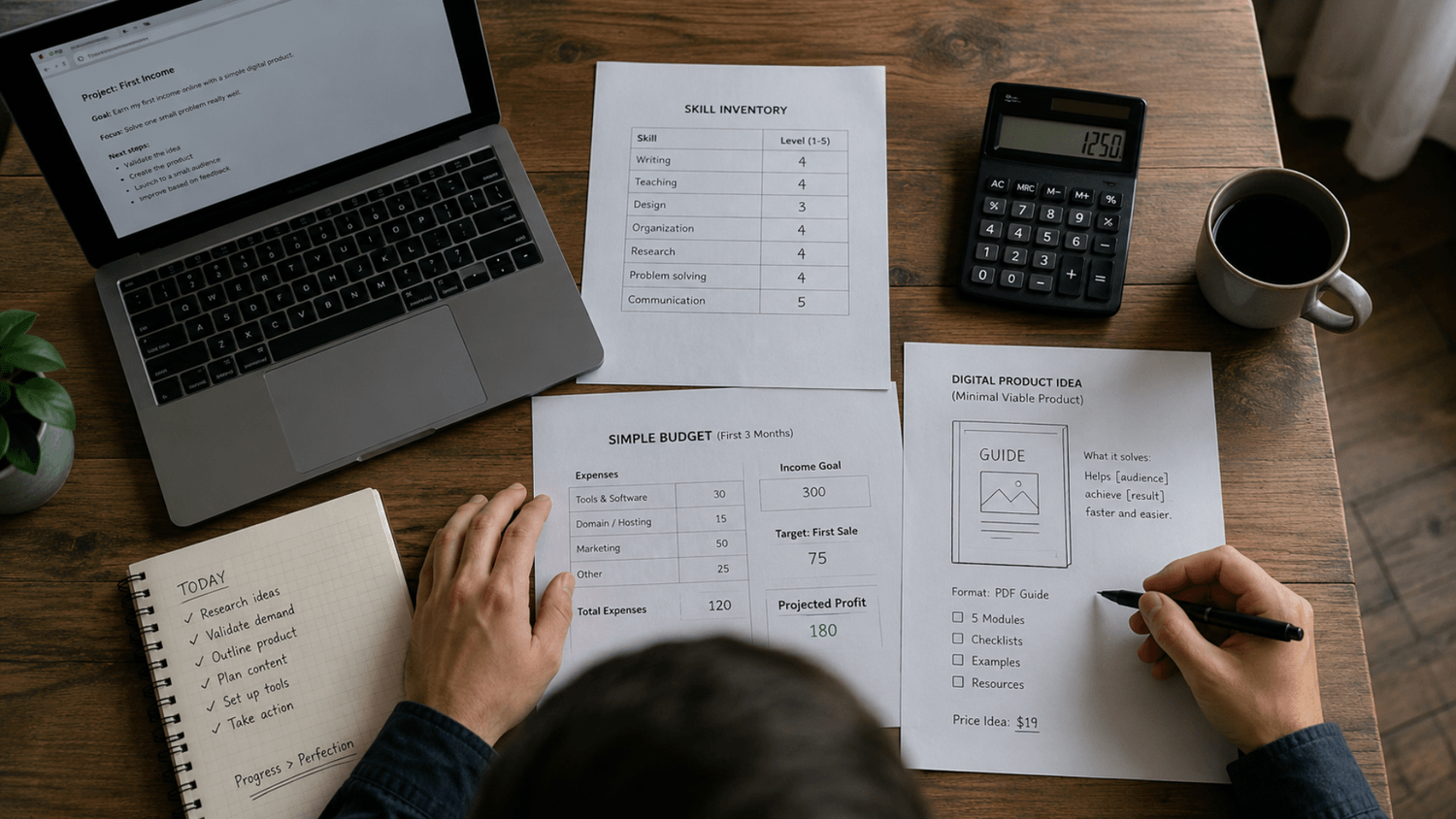 Adult planning a small first income project with a laptop, calculator, budget worksheet, and digital product sketch.