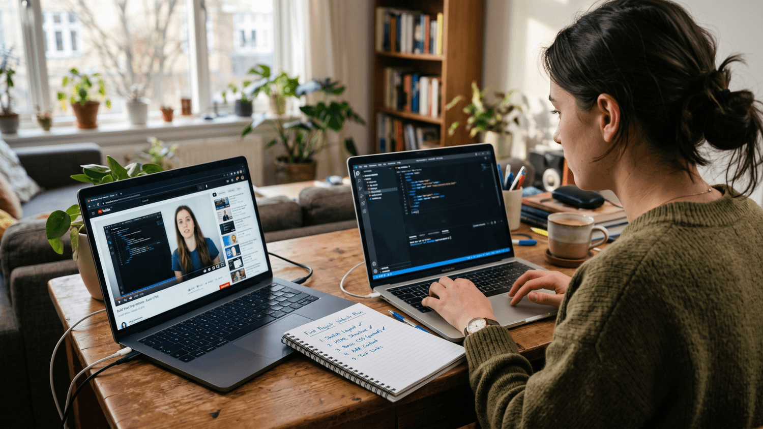 Beginner entrepreneur following a laptop tutorial while building a simple digital project in a home workspace.