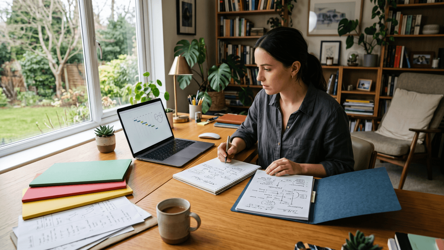 Focused entrepreneur selecting one income project from several ideas arranged across a home-office desk.