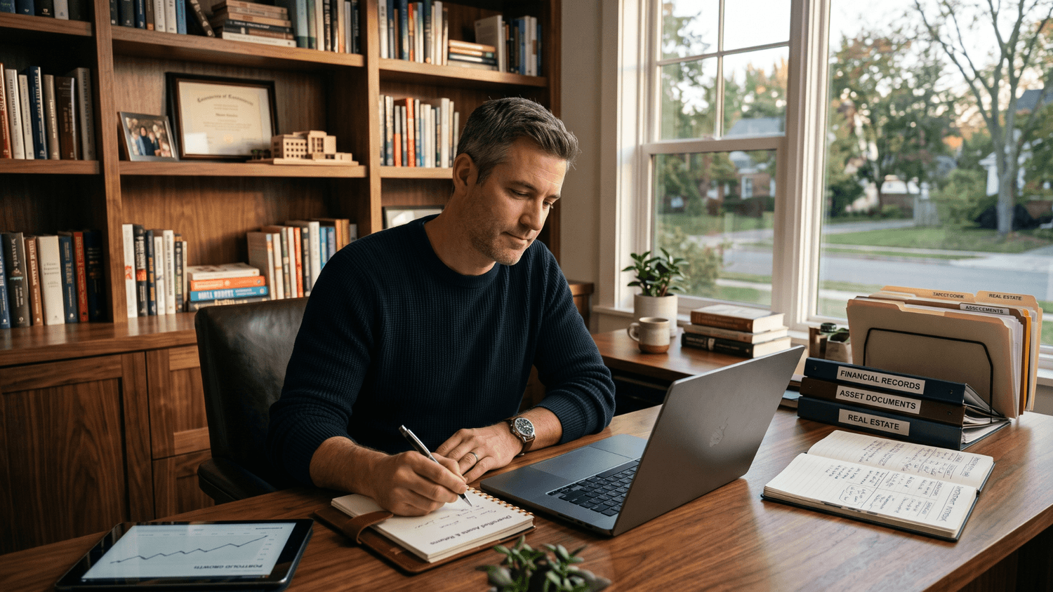 Adult reviewing a growing collection of digital products, investments, and financial records in a calm home office.