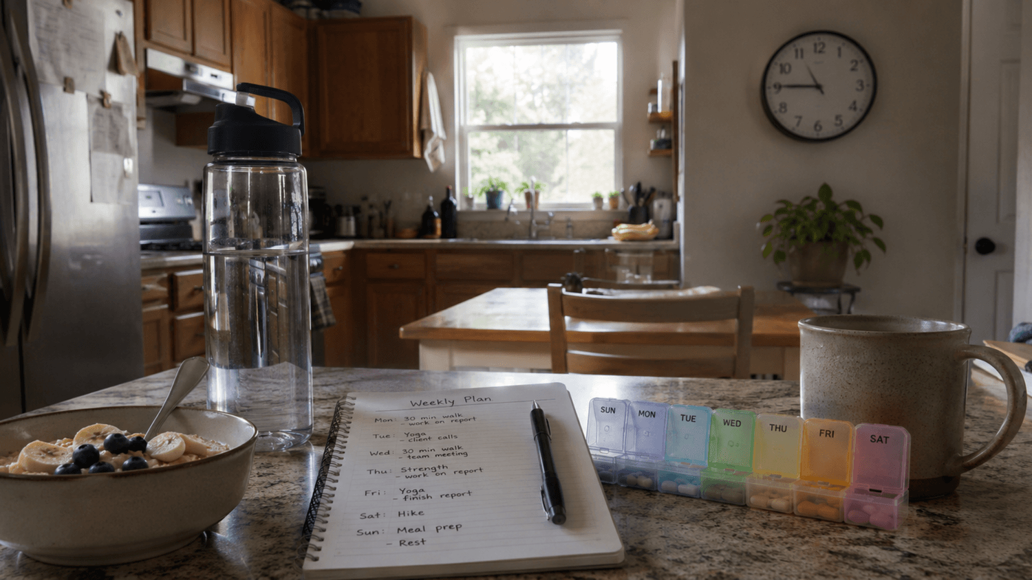 Breakfast, water bottle, handwritten schedule, and medication organizer arranged for a consistent morning routine.