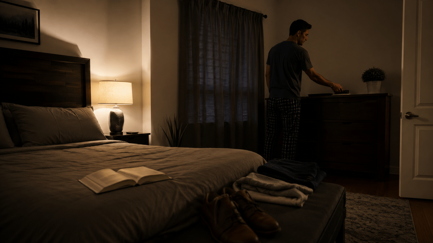 Adult placing a phone away and dimming the bedside lamp while preparing for a consistent night of sleep.