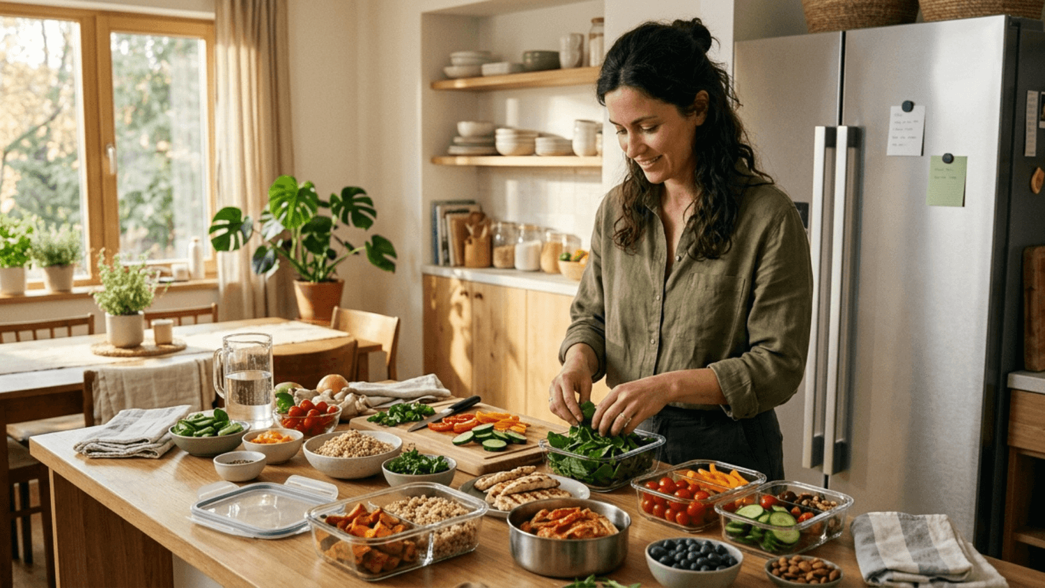 Adult preparing balanced meals with vegetables, whole grains, protein, and fruit in a home kitchen.