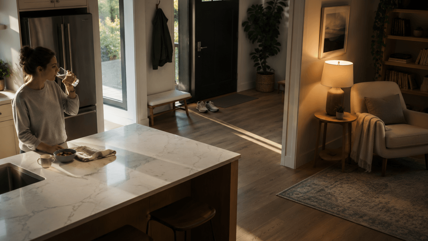 Home environment prepared for a consistent daily routine with breakfast, walking shoes, and an evening reading chair.