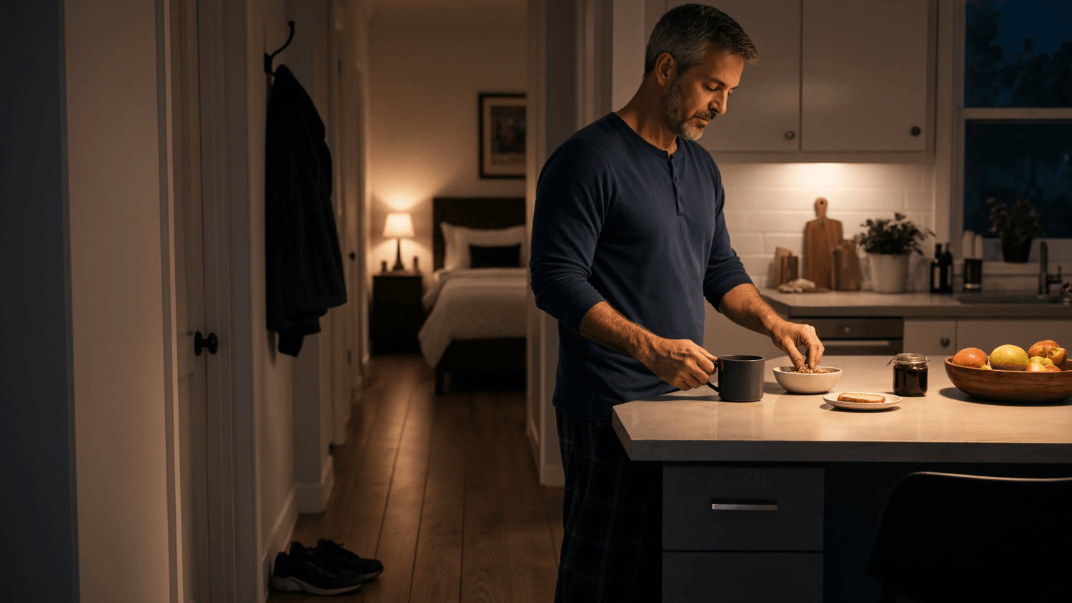 Adult preparing breakfast and setting out walking shoes for the next day during a calm evening routine.