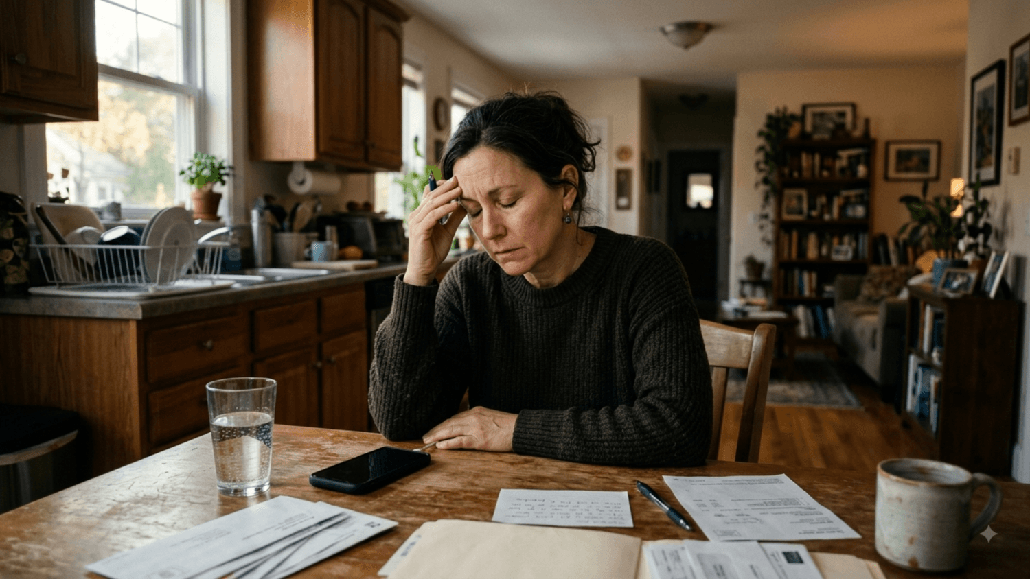 Adult pausing calmly at a kitchen table before responding during a tense phone conversation.