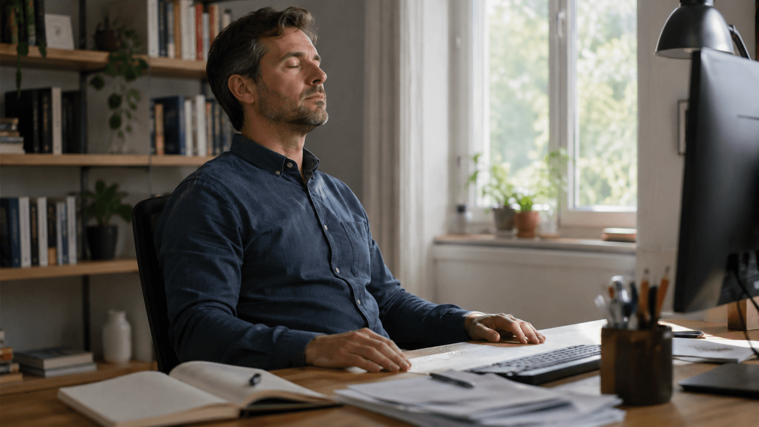 Adult practicing slow breathing at a home office desk before answering a difficult email.