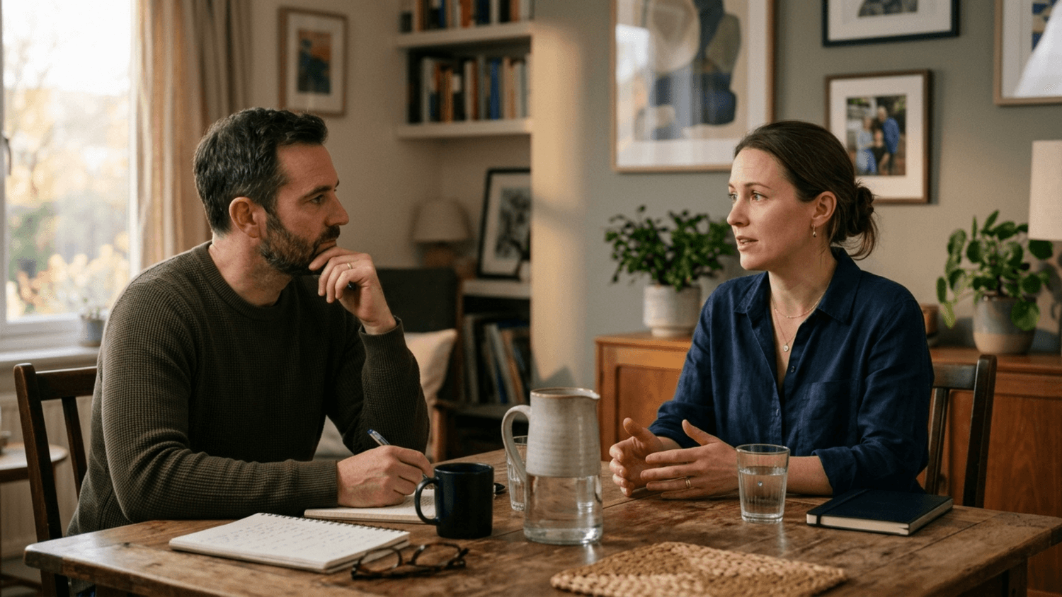 Two adults having a serious but controlled conversation across a dining table.