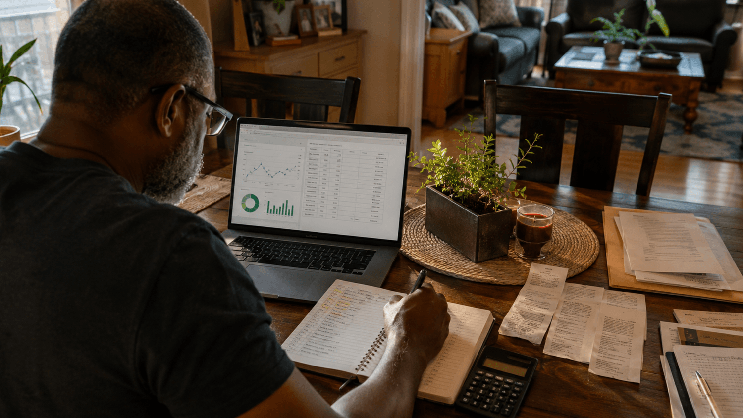 Adult reviewing weekly transactions and financial categories at a dining table with neatly organized receipts and household bills.