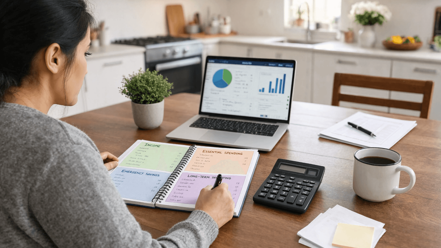 Kitchen table financial planning setup organized around income, essential spending, emergency savings, and long-term investing.
