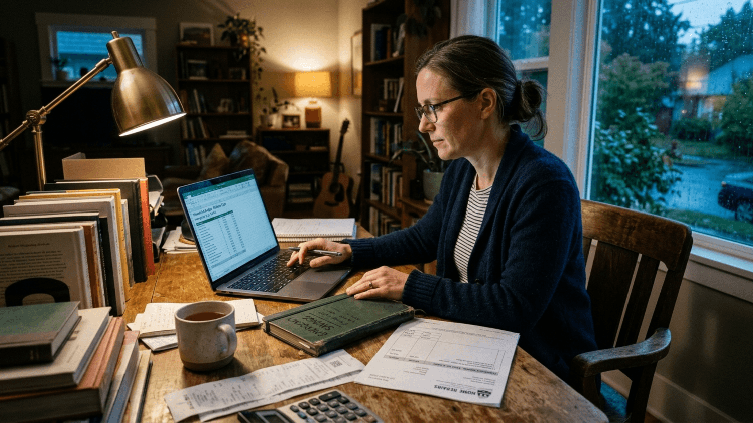 Adult calmly reviewing an unexpected household expense alongside an emergency savings notebook and organized account overview.