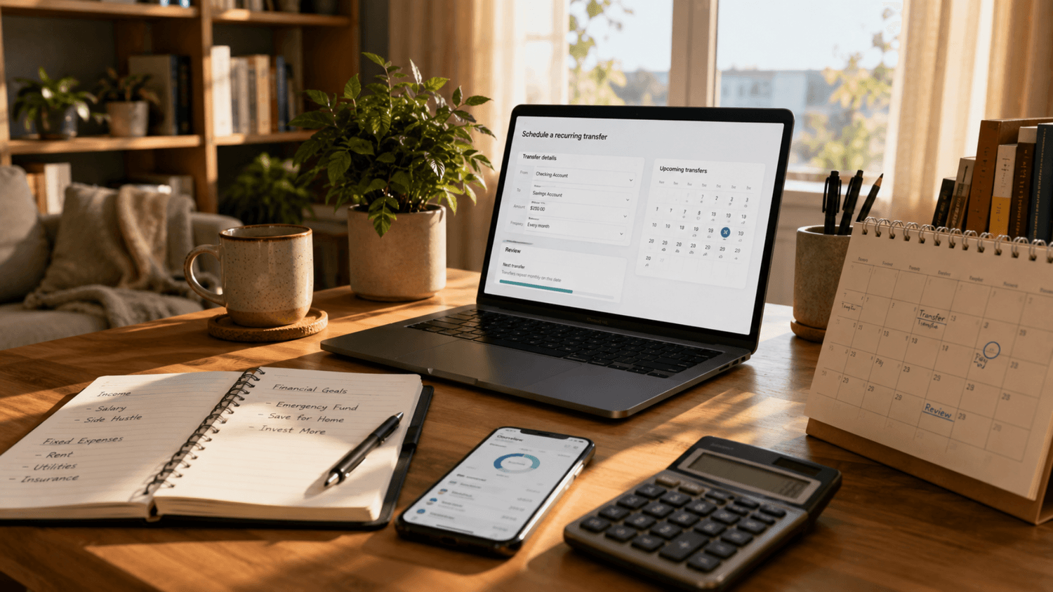 Home workspace arranged for automated financial management with a laptop, calendar, smartphone, calculator, and account notebook.