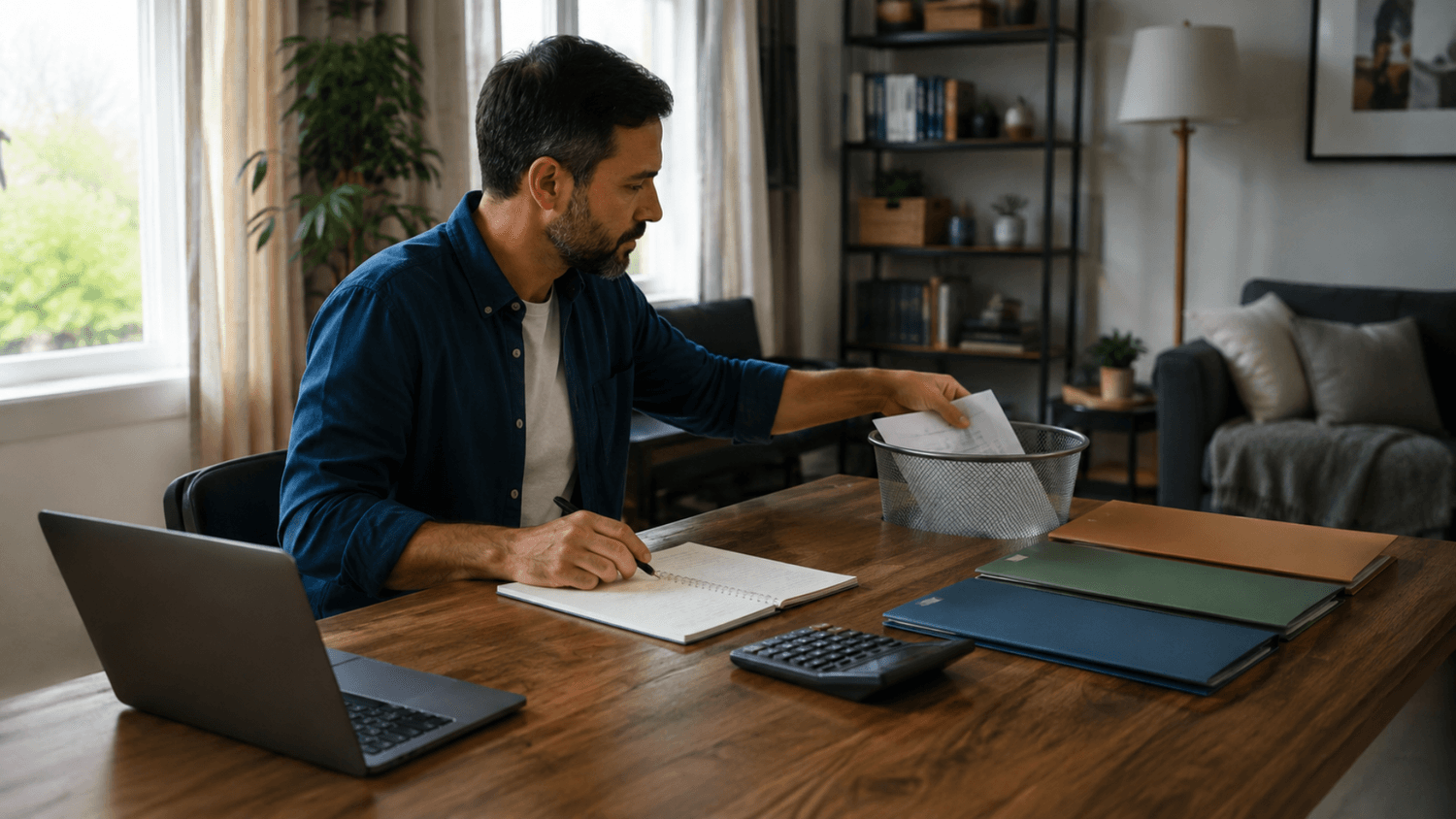 Adult simplifying a personal finance plan by removing unnecessary papers and keeping essential financial tools and folders organized.