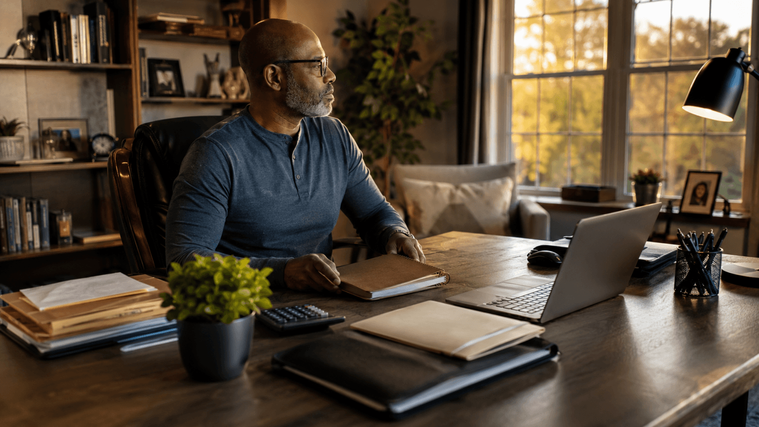 Adult completing an end-of-month financial review in a home office with an organized notebook, calculator, savings folder, and laptop.
