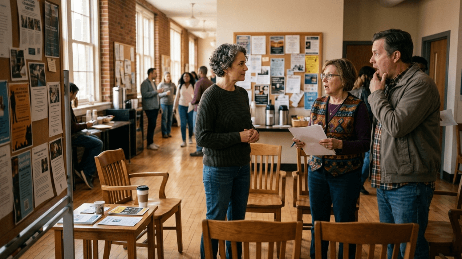 Adult calmly declining an unwanted commitment during a conversation at a neighborhood community center.