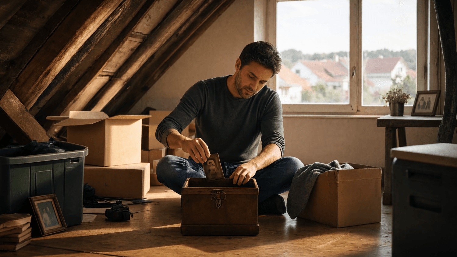 Adult sorting meaningful belongings in a bright attic and choosing what to keep before moving.