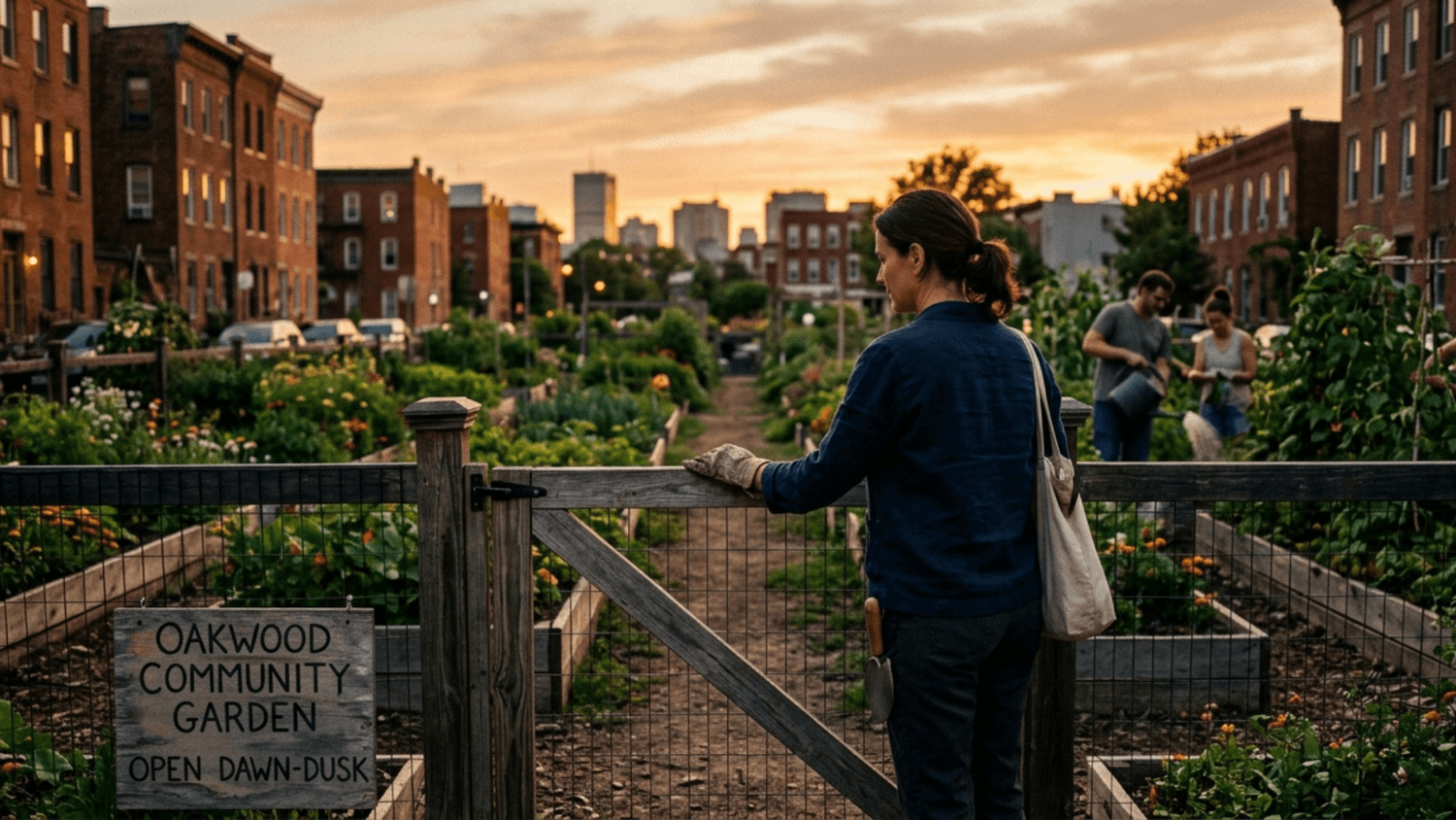 Adult closing a community garden gate at sunset after completing their responsibilities.