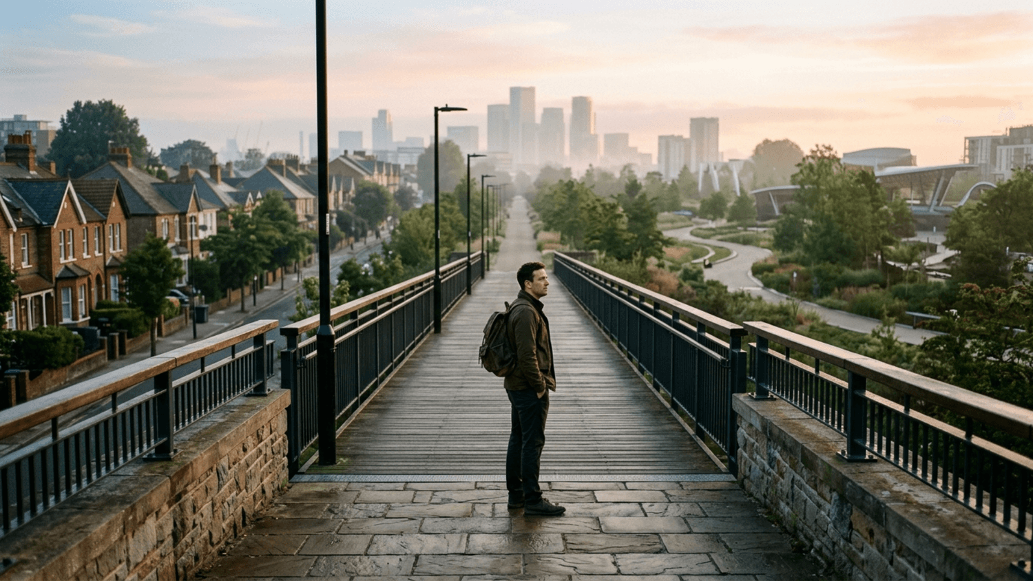 Adult standing on a pedestrian bridge between an older neighborhood and a modern park while facing the path ahead.