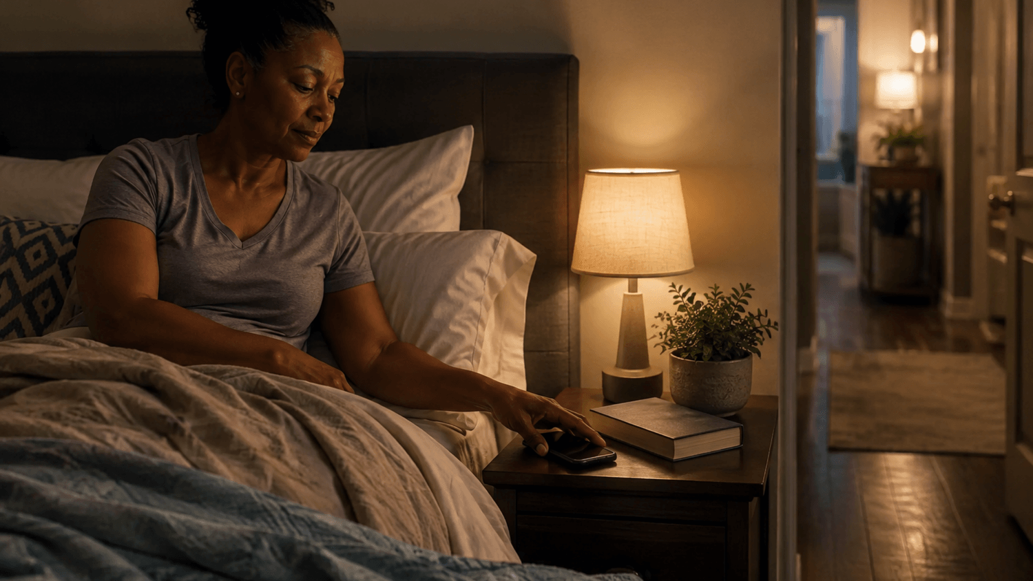 Adult placing a phone facedown beside a book and dim lamp while preparing for a restful night.