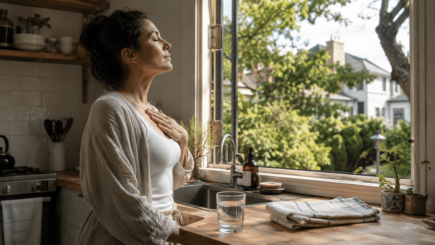 Adult practicing slow breathing beside an open kitchen window between household tasks.