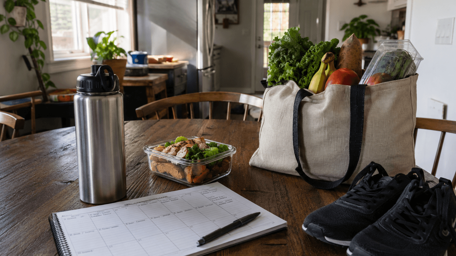 Water bottle, walking shoes, groceries, meal container, and handwritten schedule arranged for a weekly health routine.
