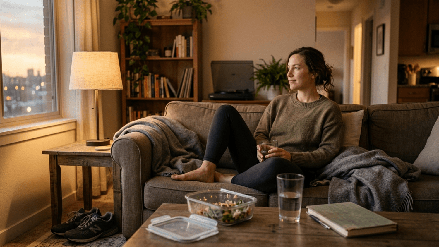 Adult relaxing with a glass of water in a calm living room after completing a simple health routine.