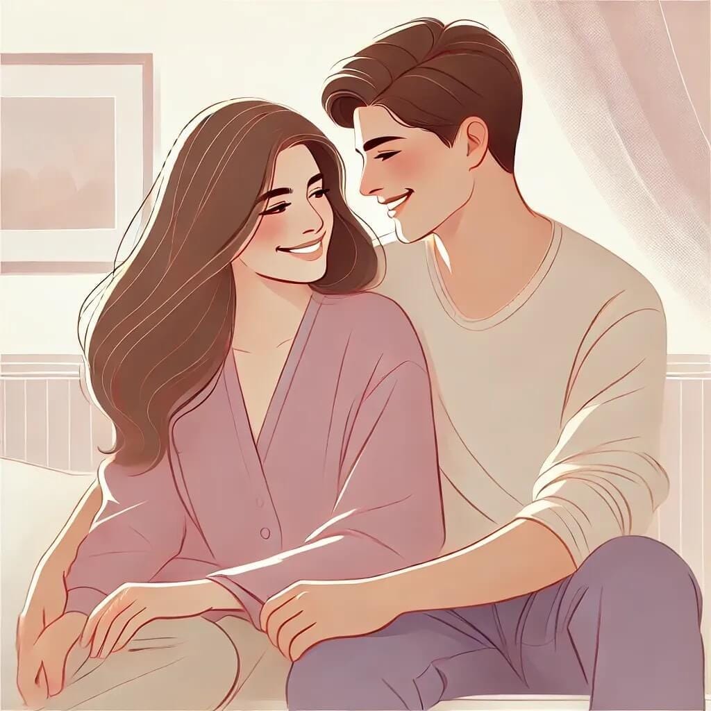 Happy couple sitting together after using the secret obsession method