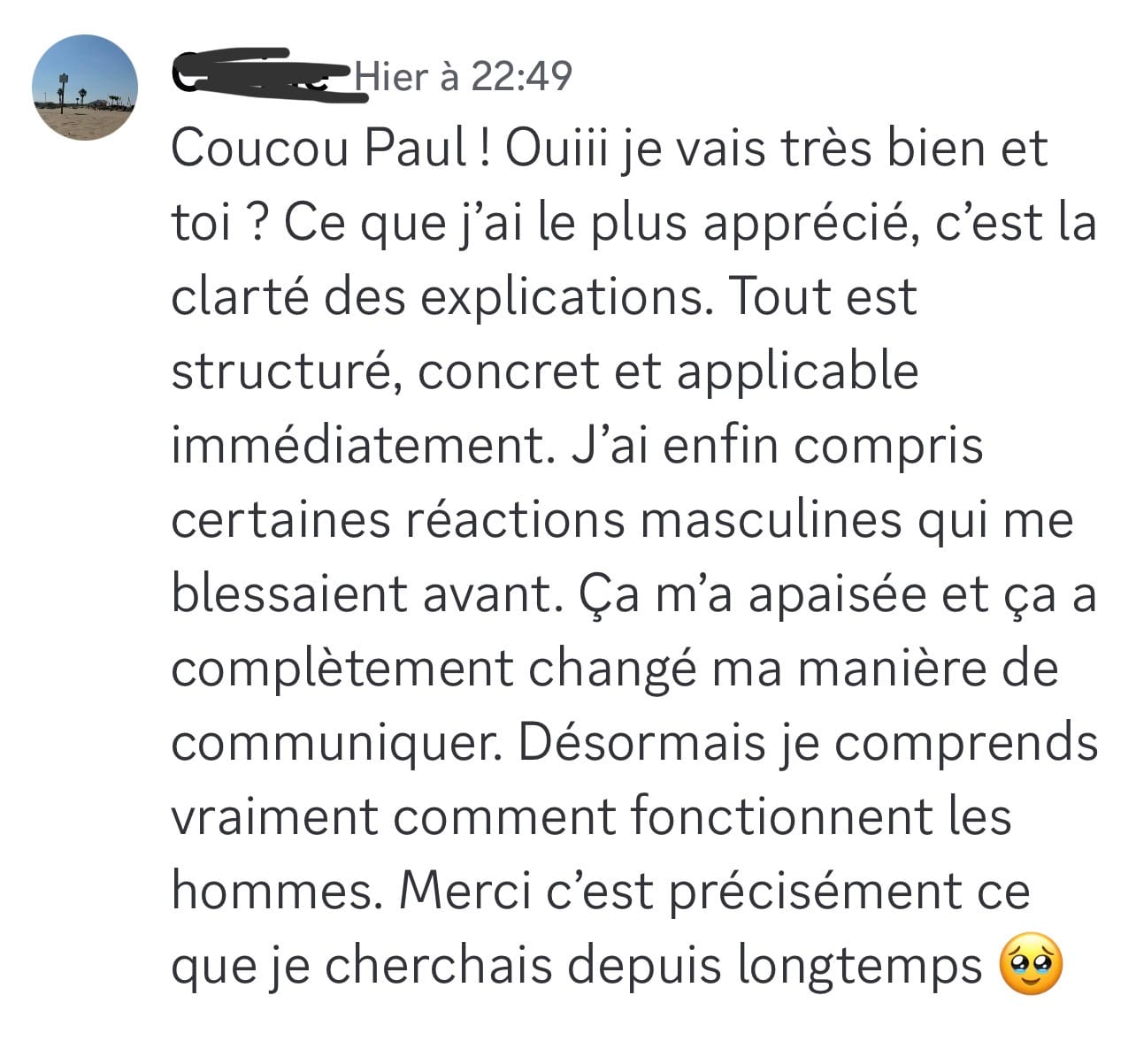 capture d’écran d’un avis client positif sur les résultats obtenus en amour et relation homme femme