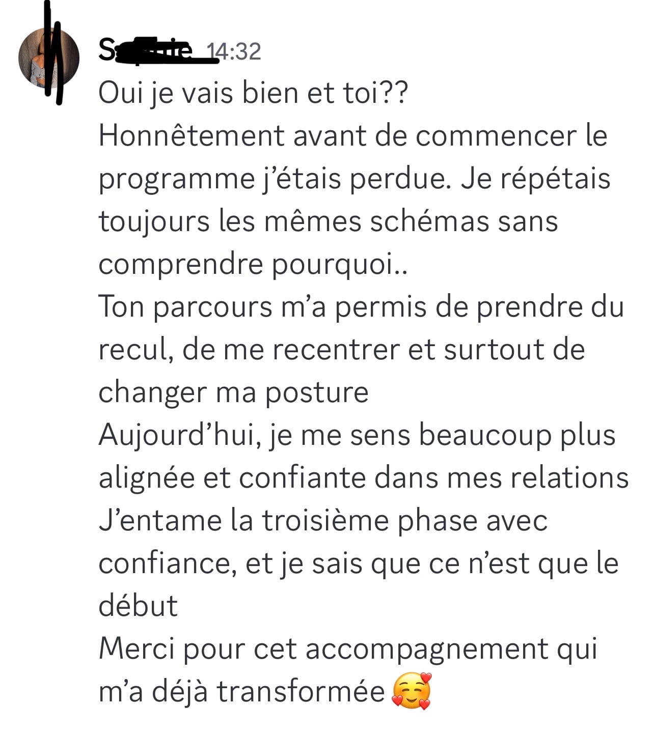 capture d’écran d’un avis client positif sur les résultats obtenus en amour et relation homme femme