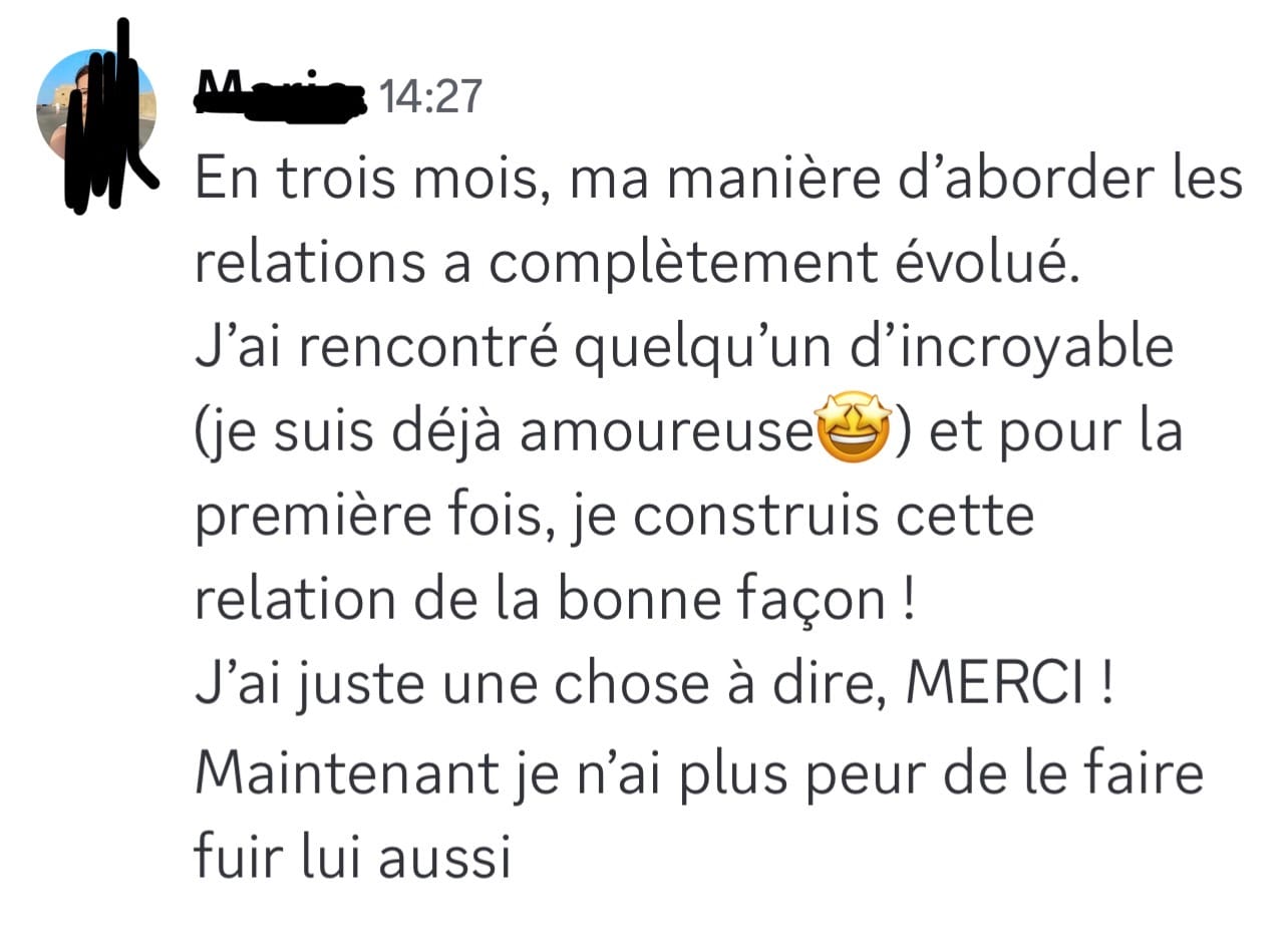 capture d’écran d’un avis client positif sur les résultats obtenus en amour et relation homme femme