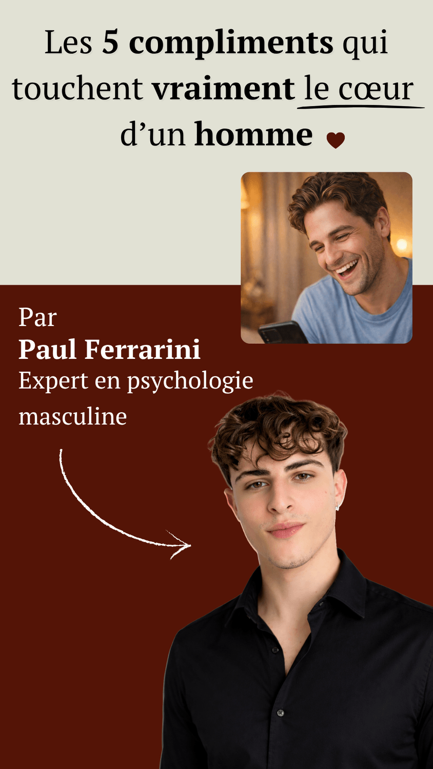 bannière avec coach en amour et homme écrivant un message invitant à découvrir cinq compliments qui touchent le cœur d’un homme