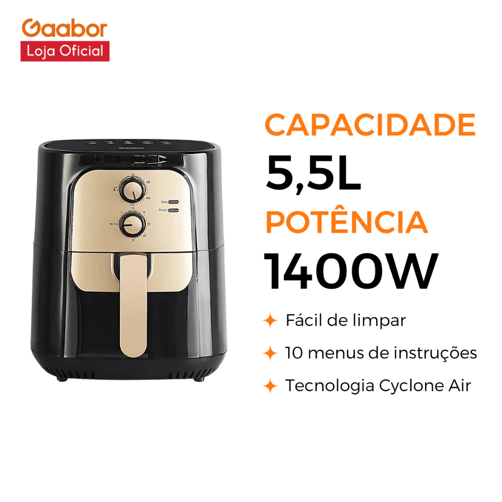 Fritadeira Elétrica Sem Óleo Air Fryer 5.5L Gaabor Jumbo Family 1400w 127V ou 220V Vintage