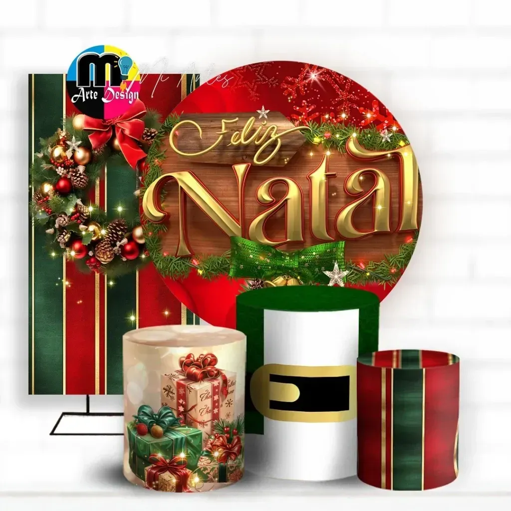 Kit Painel de Festa Natal, Painel de Festa Redondo, Trio de Cilindro, Portal Natal