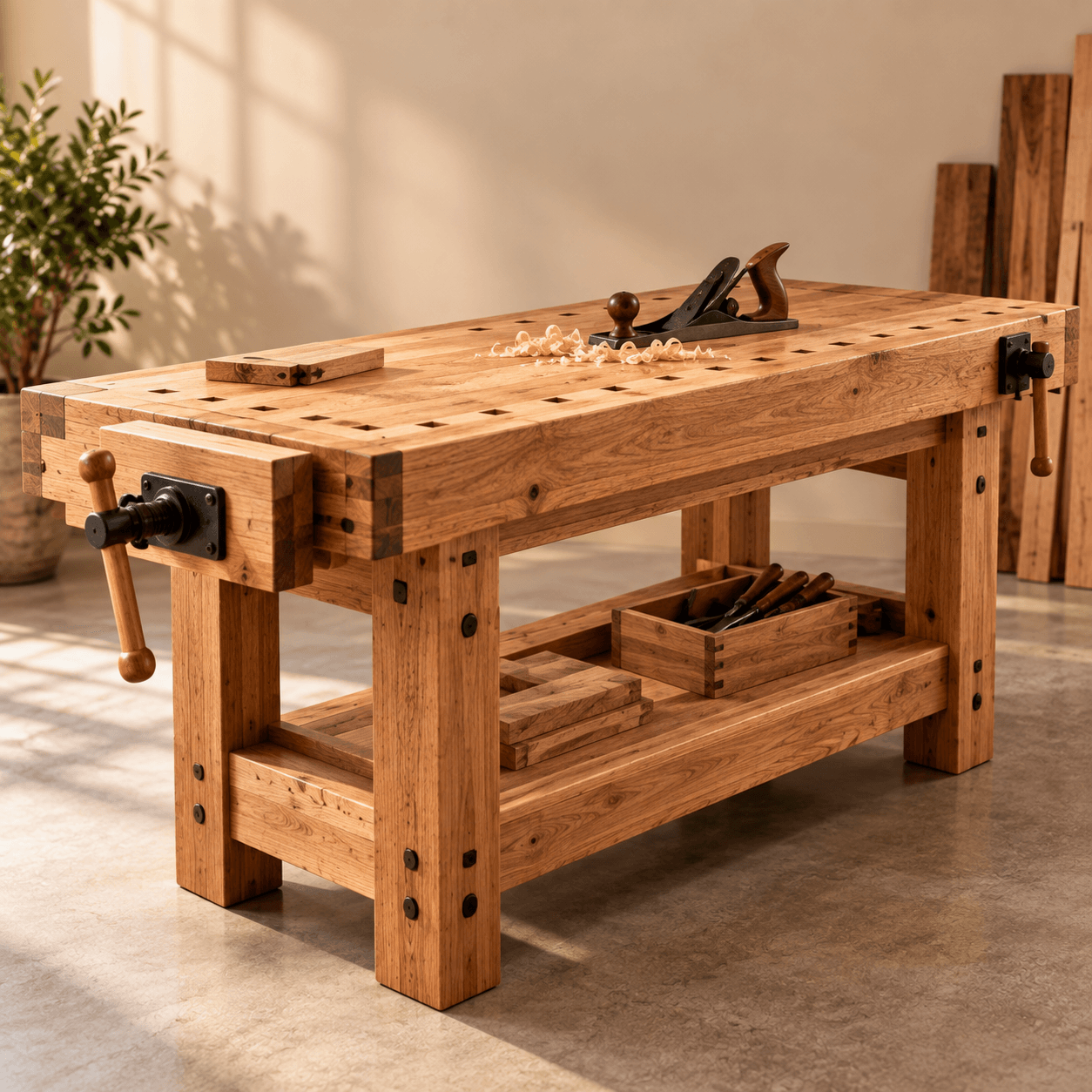 Wooden woodworking workbench