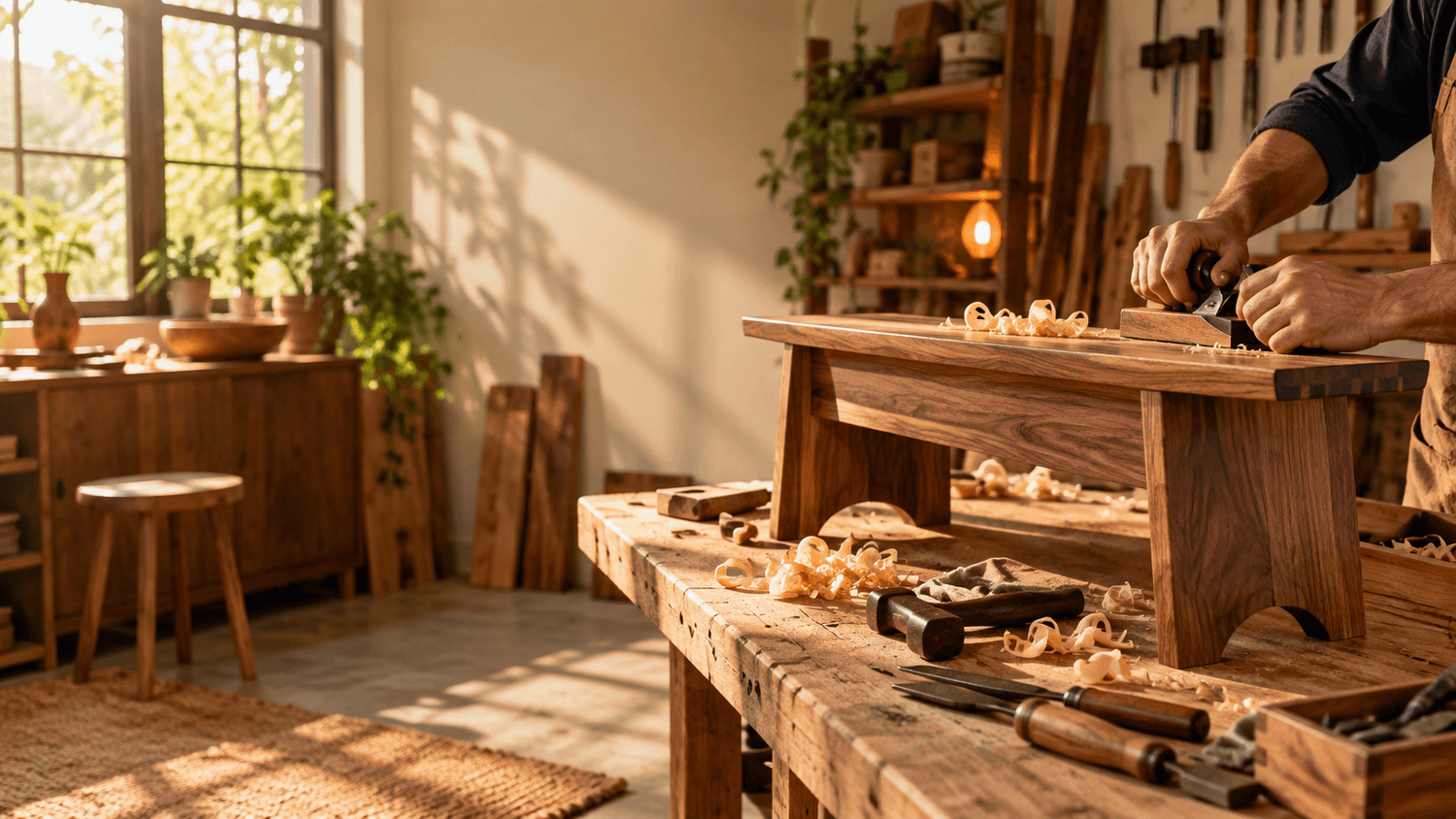 A warm home wood workshop with a handcrafted project taking shape