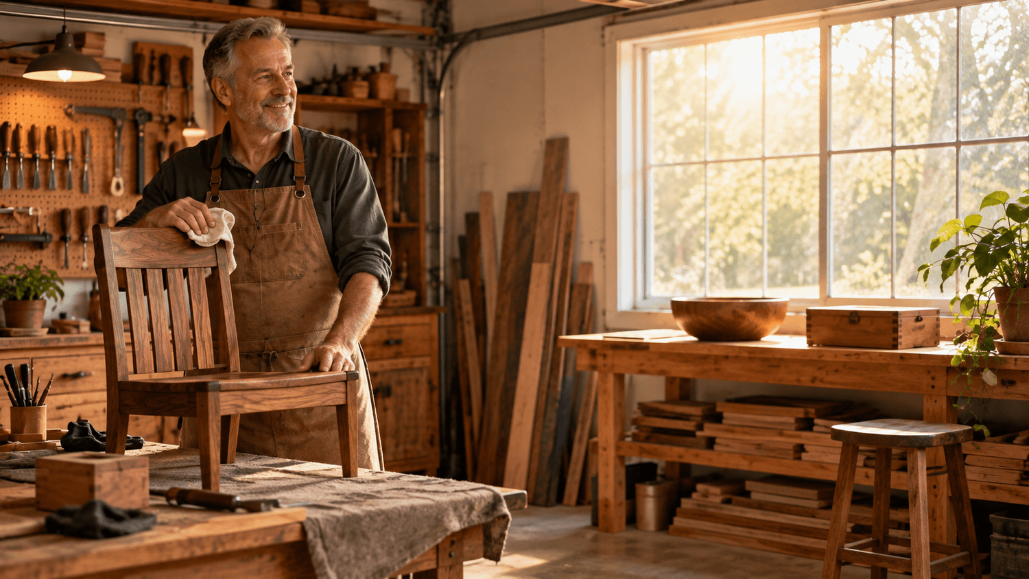 A proud woodworker beside a piece he has built in his home workshop