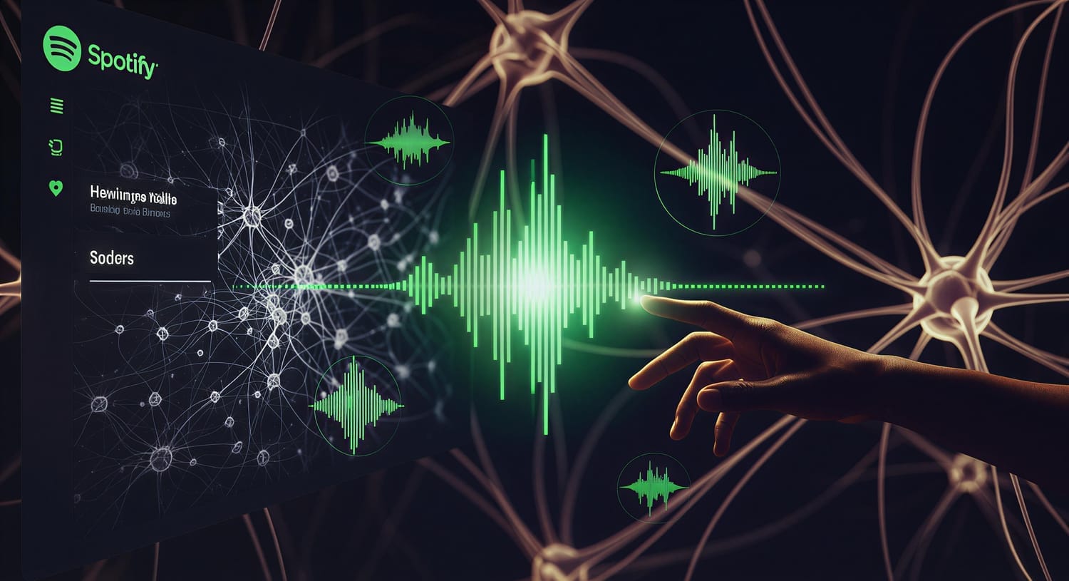 Conceptual image of Spotify’s AI technology with neural network visuals and waveforms, representing how streaming platforms are evolving with artificial intelligence.