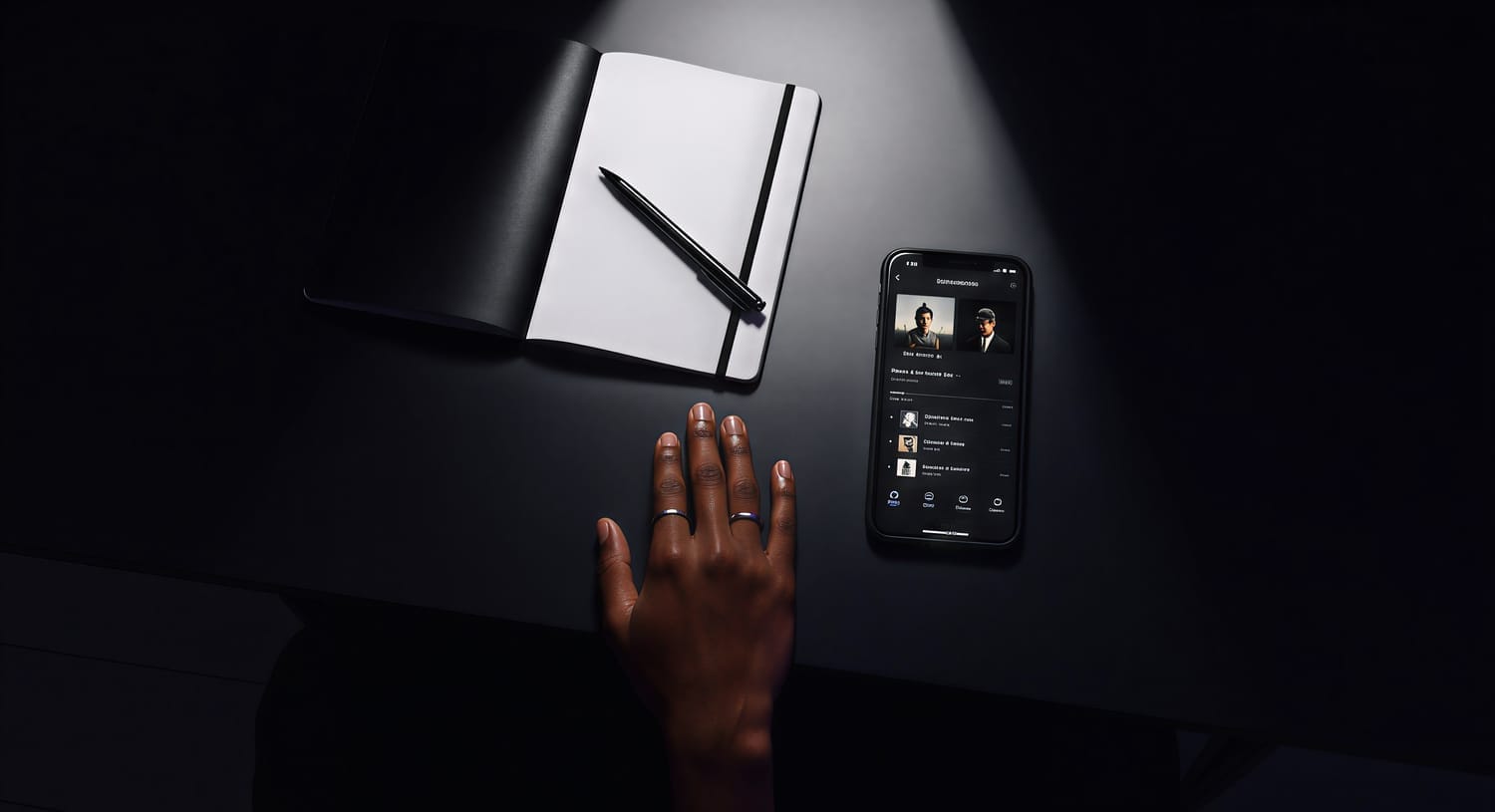 A Black independent creator planning music strategy with a notebook and Spotify analytics open on a smartphone, reflecting disciplined artist development.