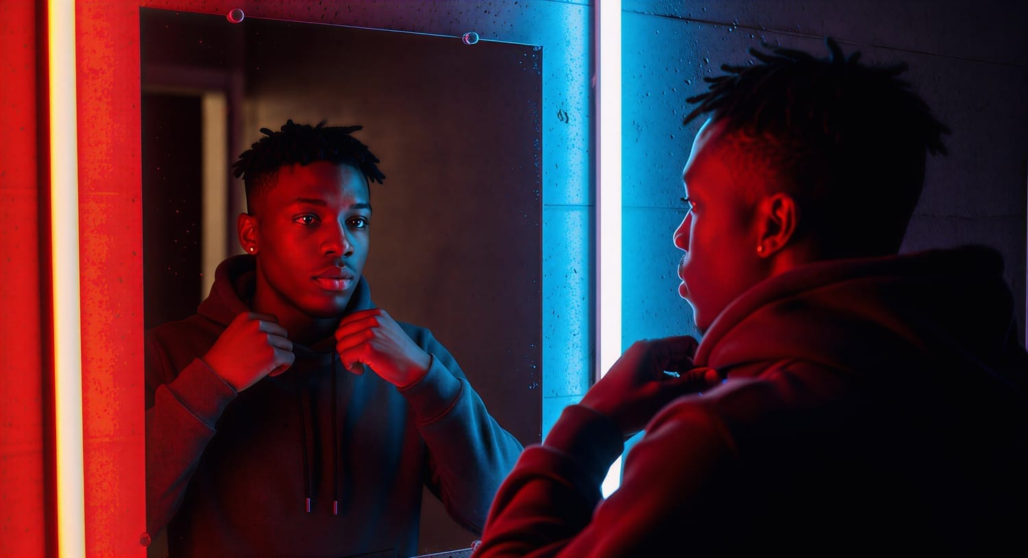 A young Black creative adjusting his hoodie in a mirror under red and blue lighting, symbolizing self-reflection, discipline, and preparing for the next chapter in the music grind.