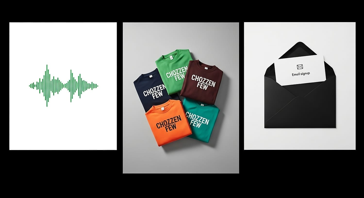 Three-panel visual showing a Spotify waveform, Chozzen Few apparel, and an email signup, representing the SquareBiz.TV exit path for music, merch, and retention.