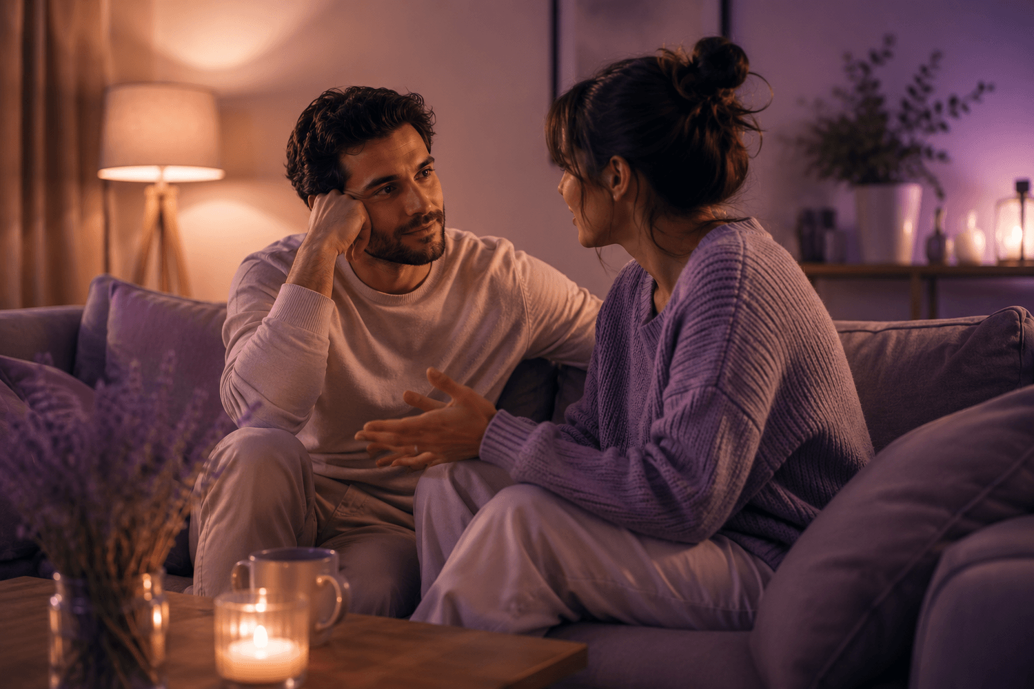Pareja conversando en un espacio íntimo