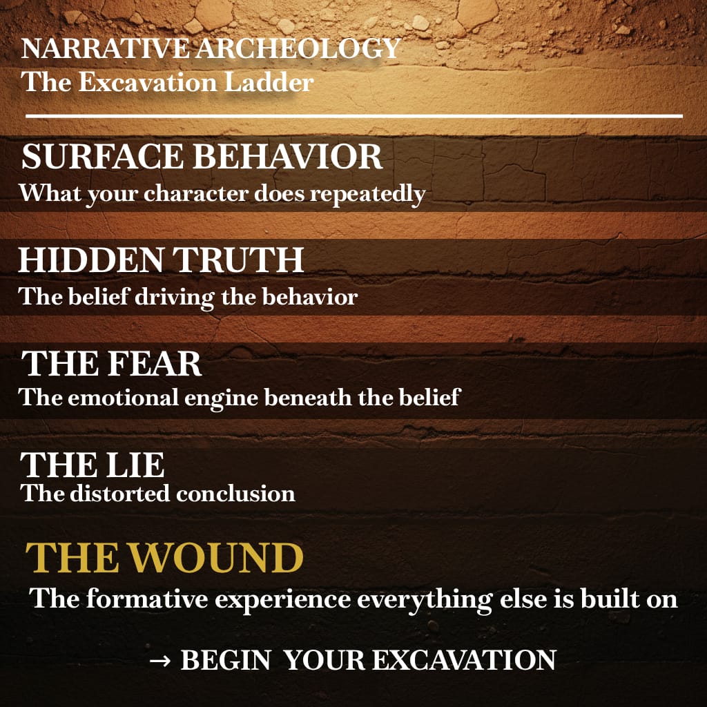 STRATUM AI Psychological Blueprint: Narrative Archetype Architecture showing the causal chain from Wound and Lie to Fear and Character Want.