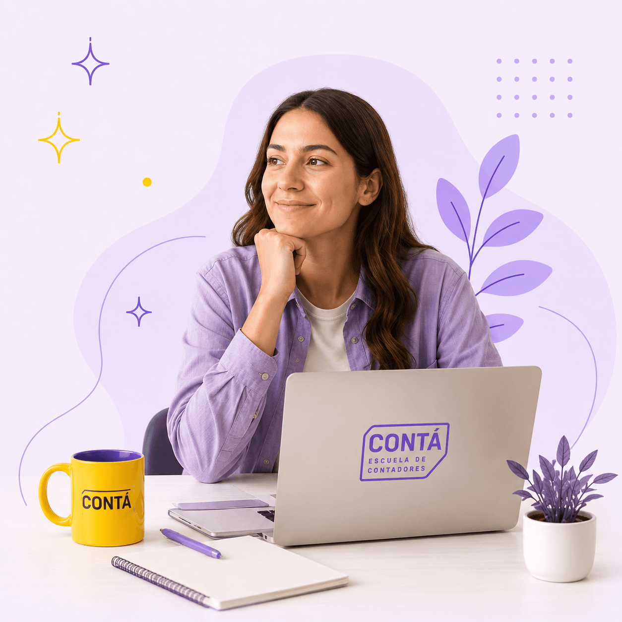 contadora joven sonriendo laptop escritorio taza amarilla fondo lila CONTÁ