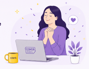 contadora feliz laptop CONTÁ taza amarilla ilustracion violeta celebracion