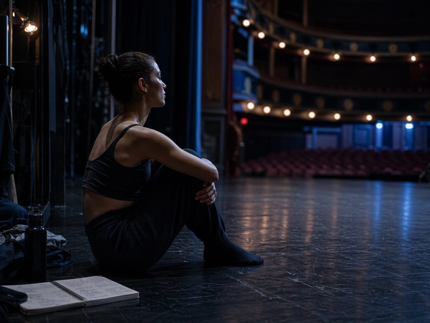 A performer sitting quietly backstage