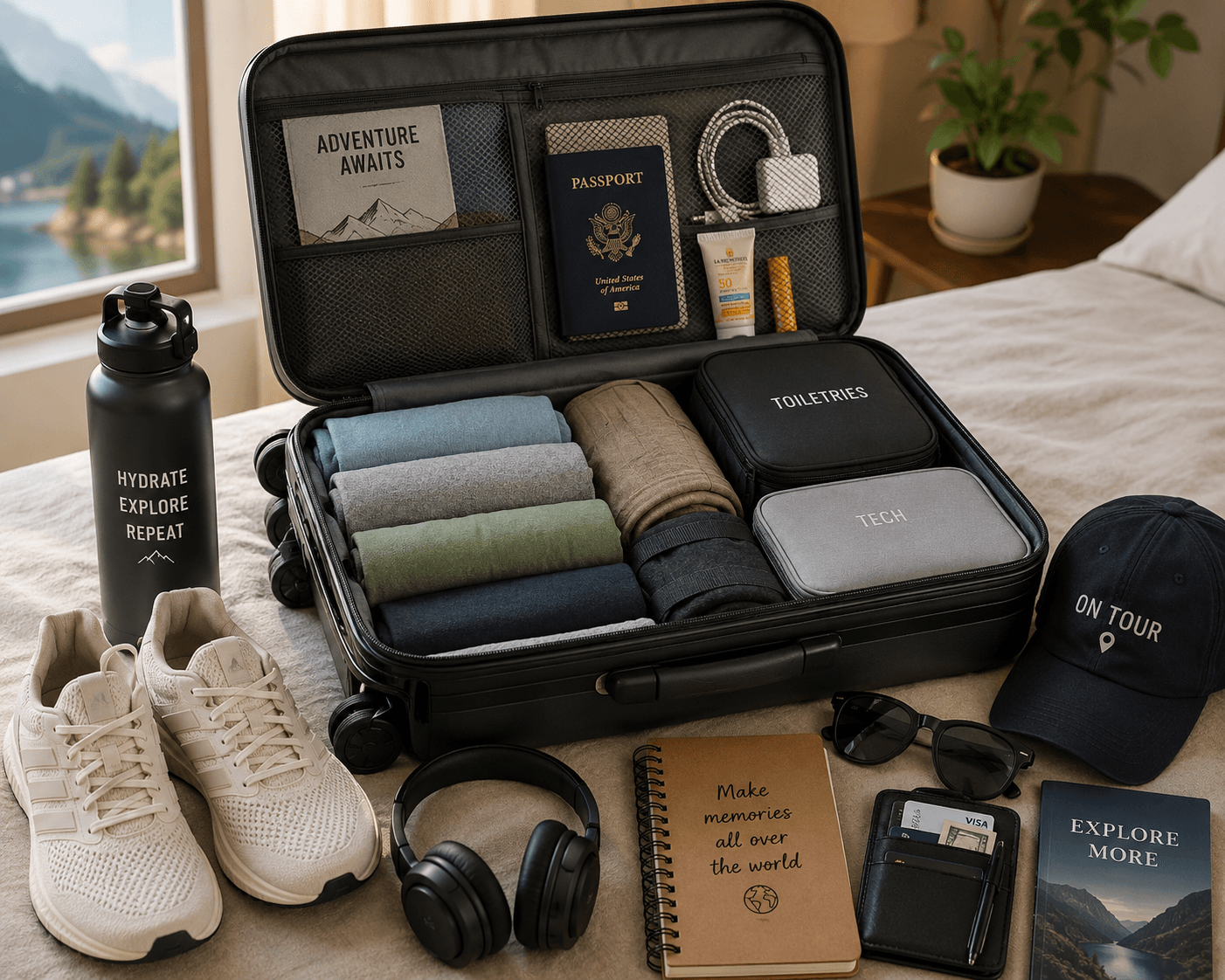 A professional musician's touring essentials packed in a suitcase