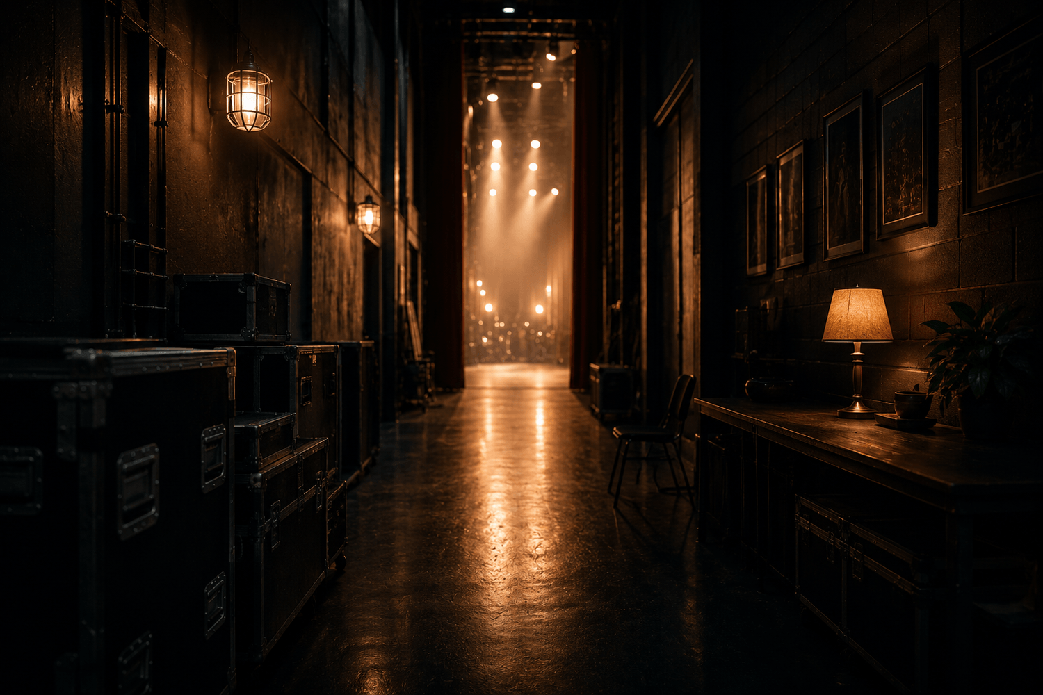 Backstage theater corridor ymbolizing the transition from performance mode to recovery of an artist