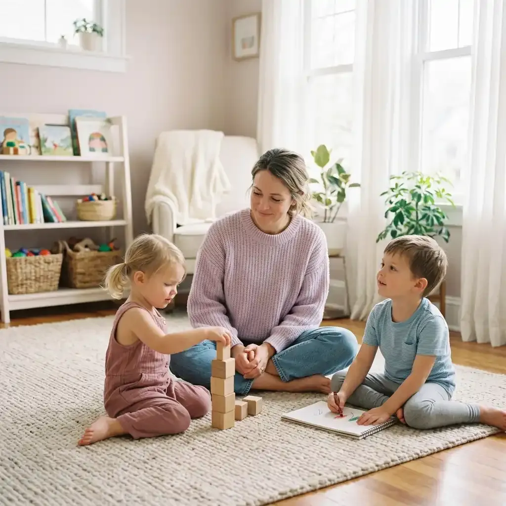 Mamá jugando con sus hijos con tranquilidad