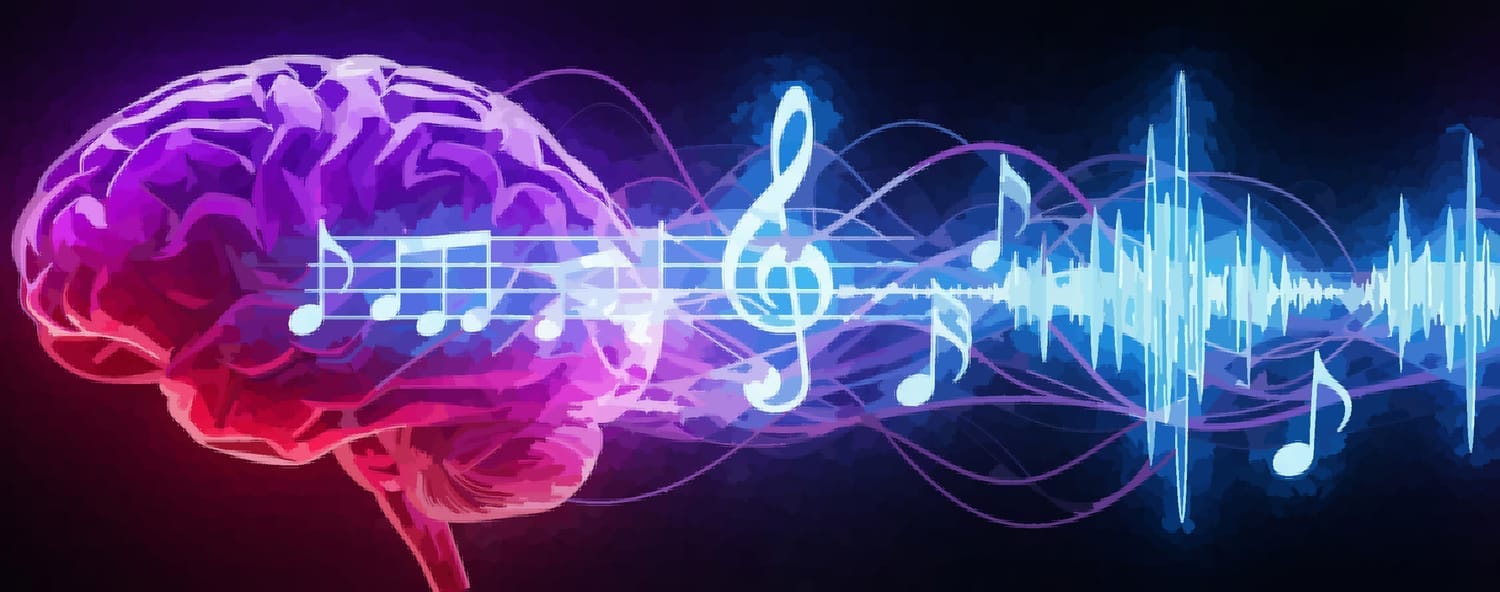 Abstract image of brain with musical notes flowing into it