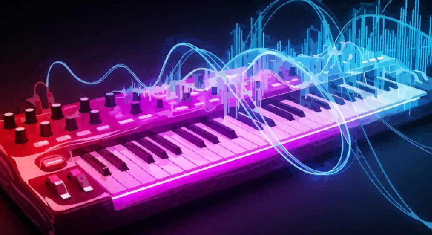 Abstract image of synth keyboard with sound waves flowing from it